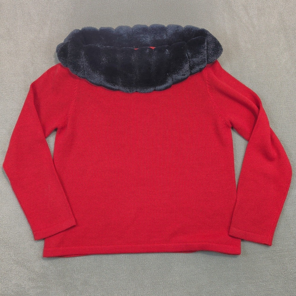 Carolina Colours Vintage Red Sweater Women Large Faux Fur Collar Ramie Cotton
